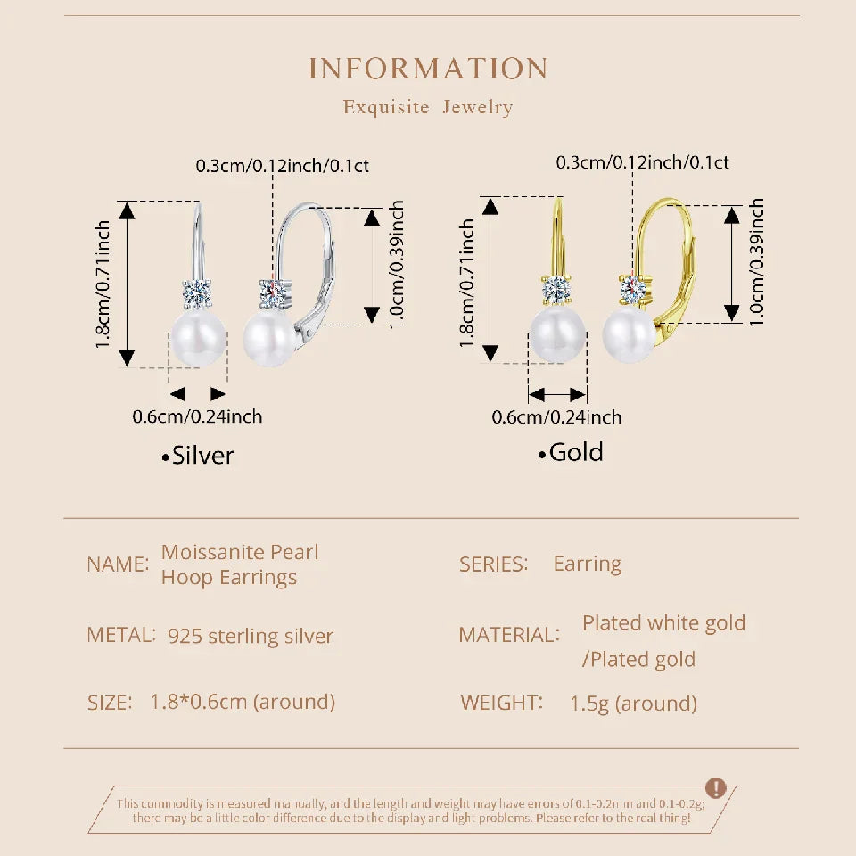Moissanite Freshwater Pearl Earrings for Women Wedding, Round Cut Lab Diamond 925 Sterling Silver Drop Dangle Ear Buckles