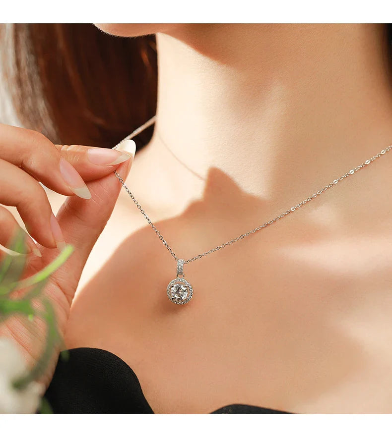 925 Sterling Silver Charm Round 1CT 5A Zirconia Pendant Necklace Classic Platinum Plated Jewelry For Women Wedding Gifts