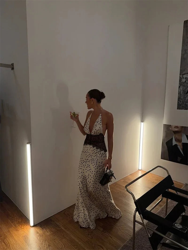 Polka Dot Backless Sexy Maxi Dress Women Gown Elegant Patchwork Lace Halter Deep V Neck Sleeveless Bodycon Club Dress