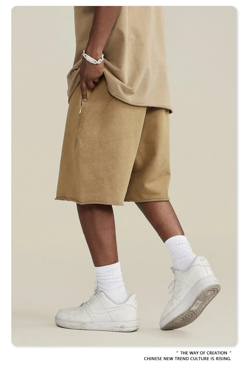 New Summer Men Retro Washed Shorts Unisex Drawstring Loose Edge 420gsm Solid Knee Length Cotton Pants Streetwears HY0589
