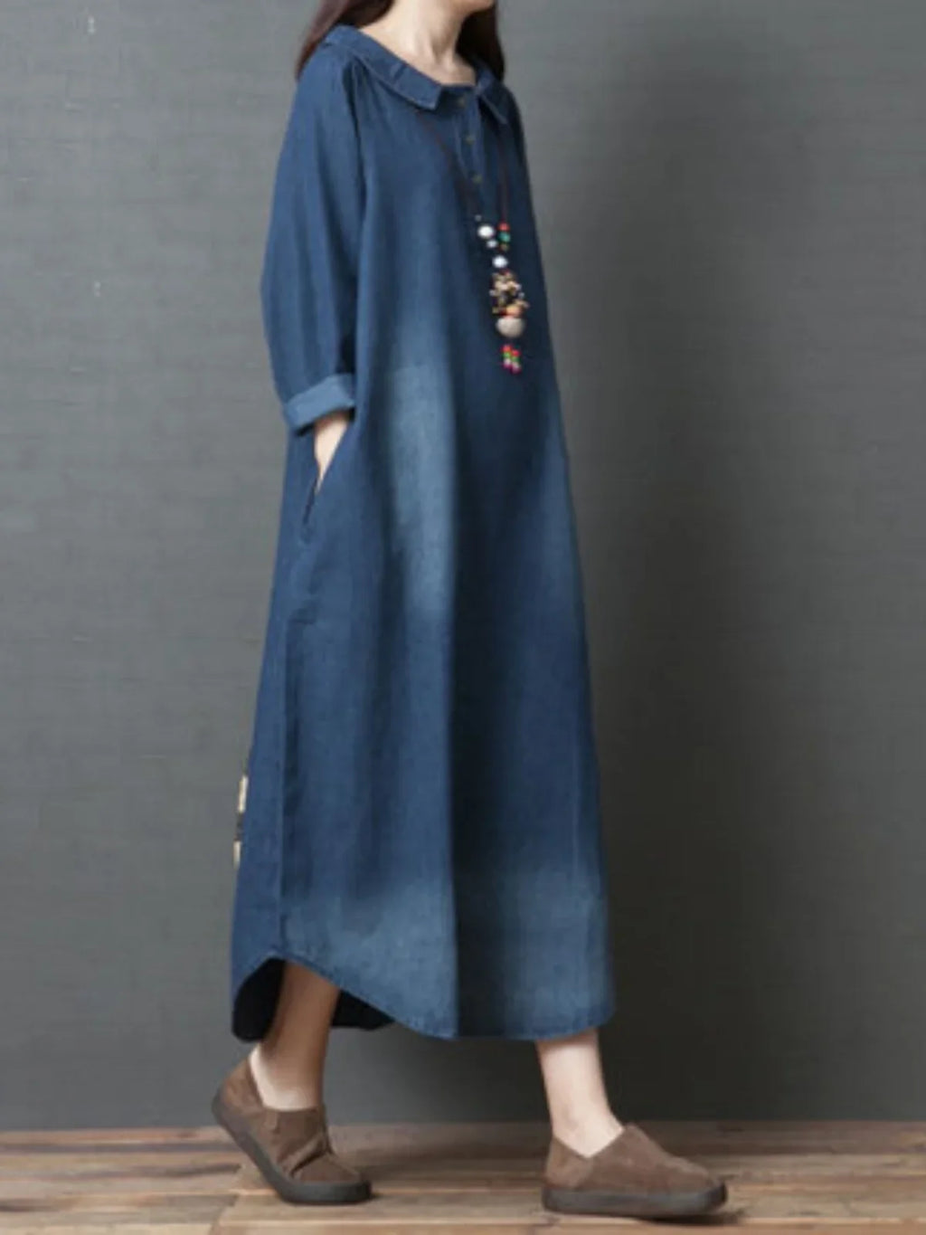 Women's Denim Dr Long Sve Loose Fit irt Sle Autumn Spring Faion plus Size Clothing Meat Concealing Slimming Skirt