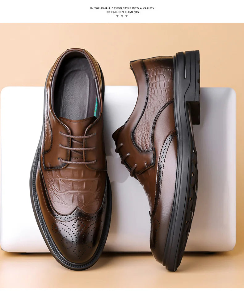 Korean Solid Color Cow Leather Shoes for Men Spring Summer New Lace Designer Brogue Shoes Man Fashion Business Casual Shoe Male