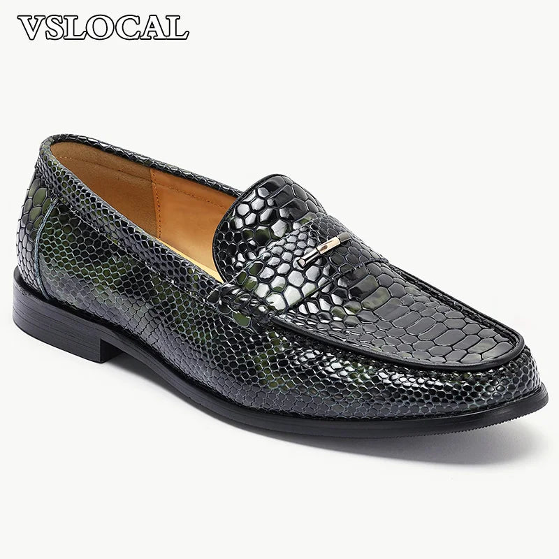 Luxury Men Loafers Shoes Slip On Snake Prints Casual Mens Dress Shoes Wedding Office Banquet Genuine Leather Shoes Men
