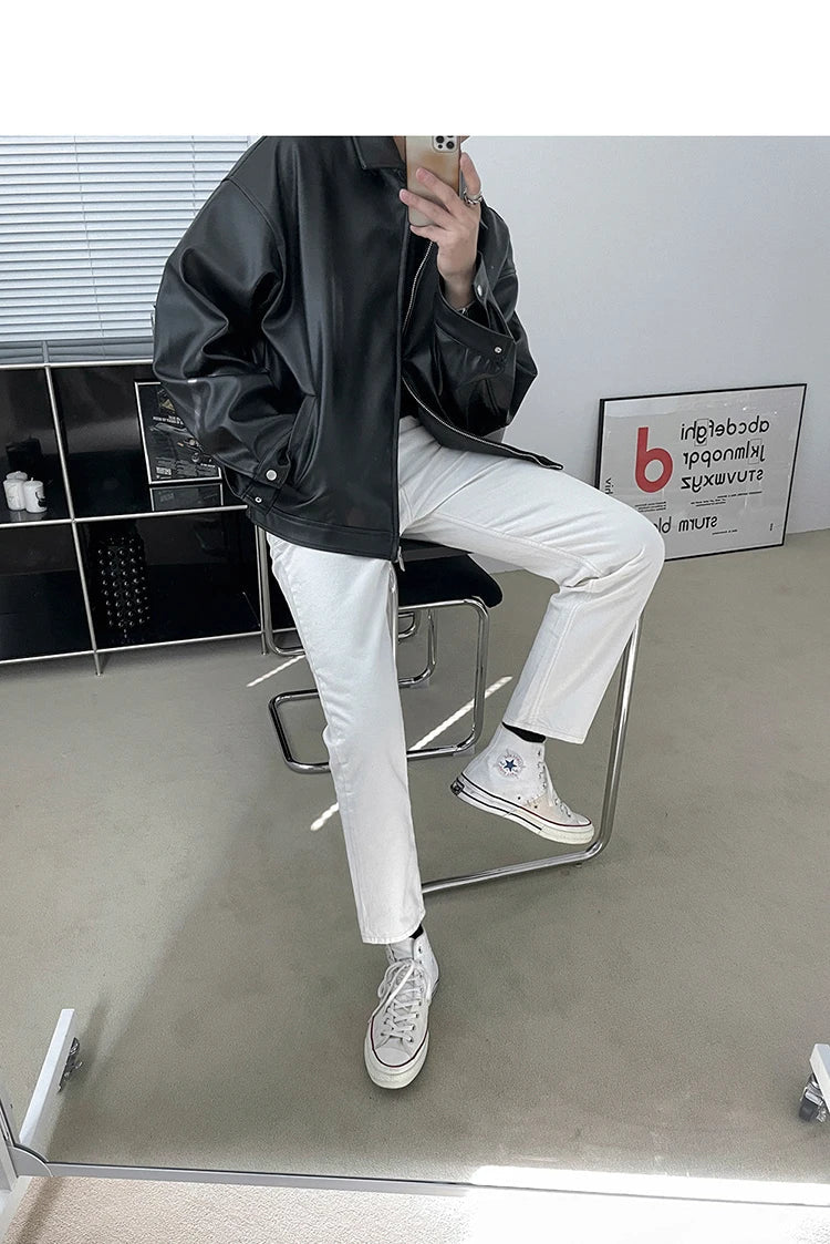 Spring Autumn Cool Luxury Short Black Soft Light Pu Leather Jacket Men Zipper Casual Mens Jackets and Coats Fashion