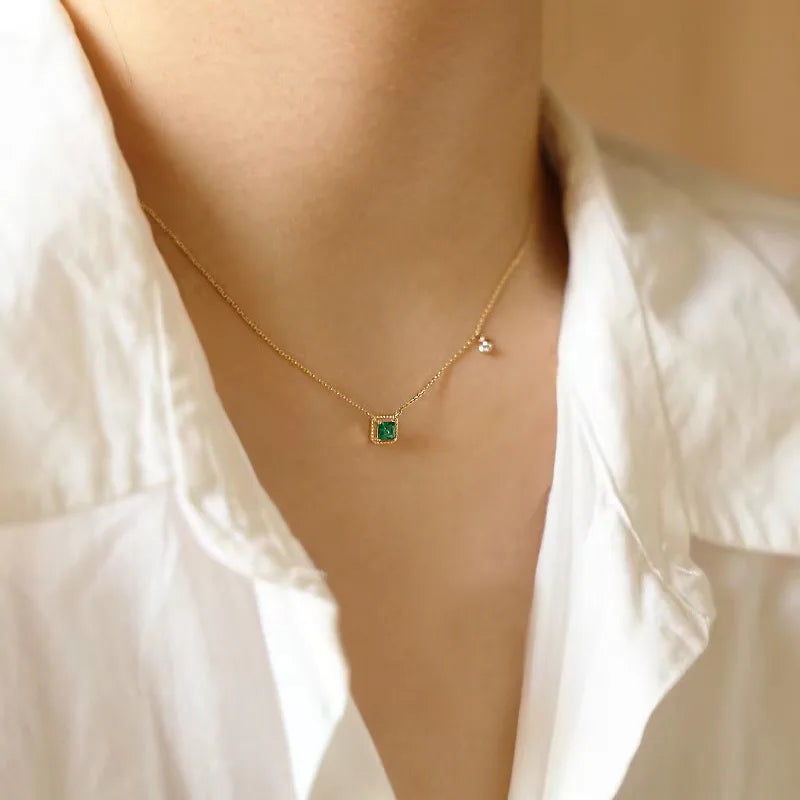 S925 Sterling Silver Simple Emerald Crystal Chain  Necklace  Women Light Luxury Temperament Plating 18k Gold Jew   style