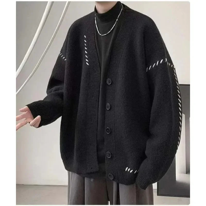 Autumn V-neck Cardigan Sweater Men Women Streetwear Loose Lazy Style Korean Vintage Knitwear Jacket Fashion Brand Mens Cardigan