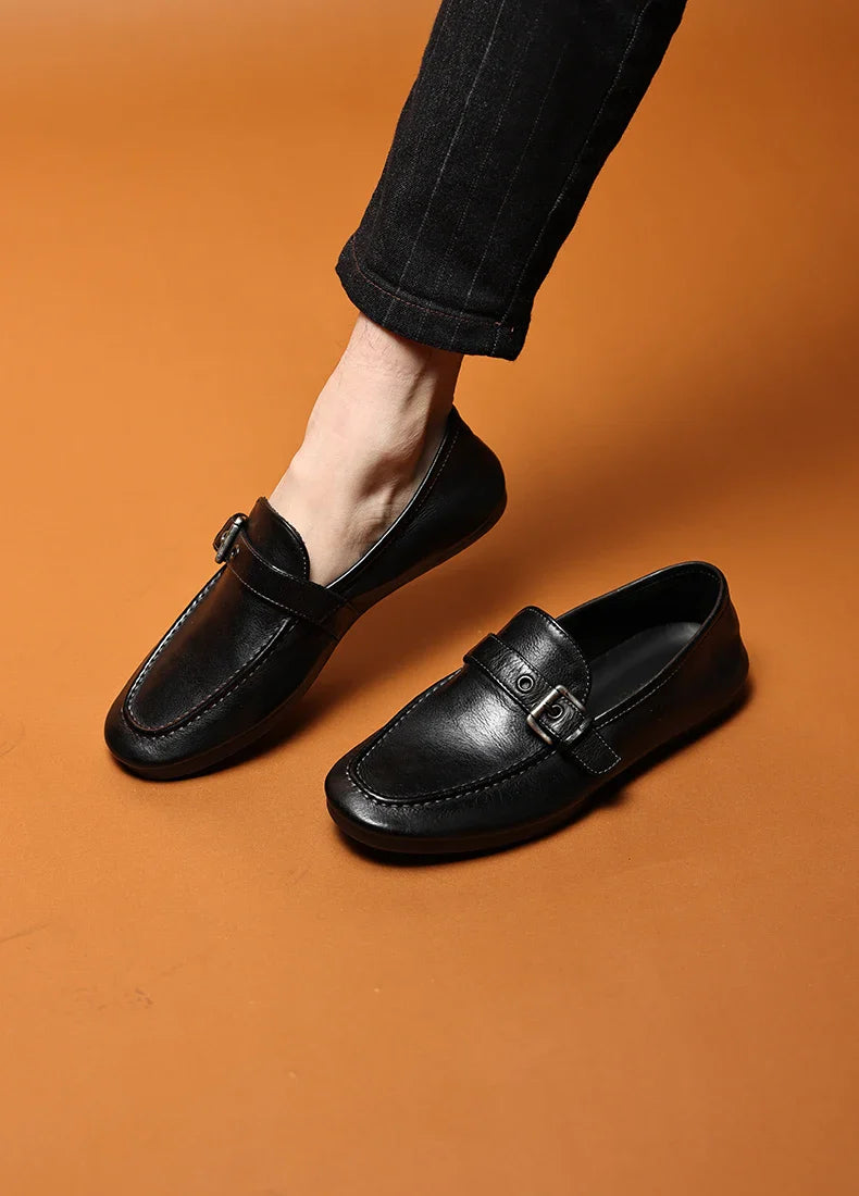 High-end Washed Genuine Leather Loafers Men's Shoes Slip on Fashion Trendy Casual Dress Work Leather Shoes Male Flats