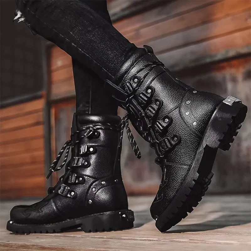Men's Motorcycle Boots Outdoor Boots Four Season Fashion Cycling Shoes High Top Mens Casual Boot PU Leather Boots Plus Size 46