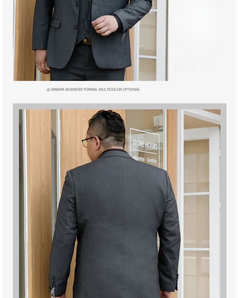 Plus Size Man Suit Set Solid Color Single Breasted Jacket Vest Pants For Host Groom Groomsmen Grey Black Navy 3-Piece Suit Set