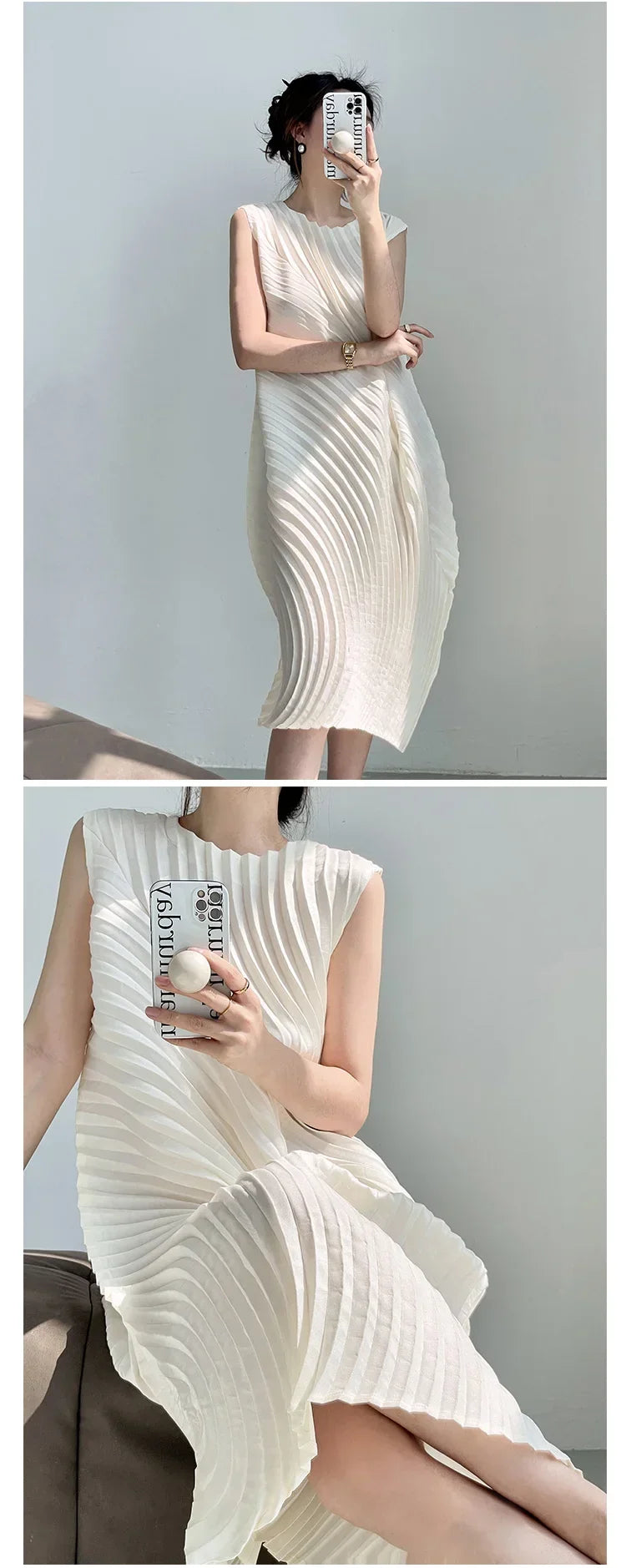 Hand Circle Pleated Sleeveless Dress Designer Long Round Neck Elegant Loose Summer Korean Style Aesthetic Clothes