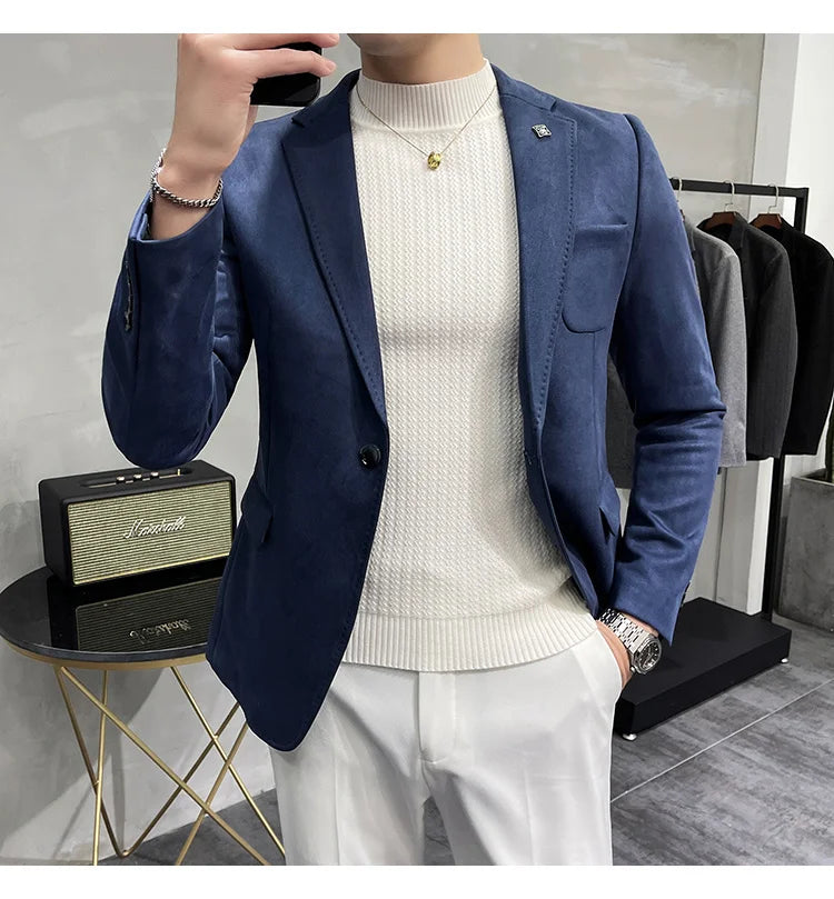 Plus Size 4XL-M Autumn Deerskin Velvet Jackets Blazer 6 Color Men Business Slim Blazers Hommes Casual Wedding Tuxedo Suit Coat