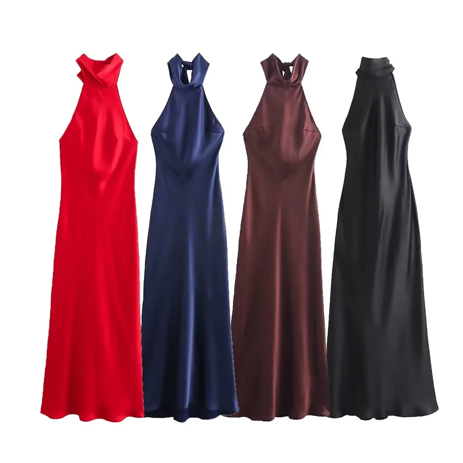 Dress for Women Fashion 2024 Autumn New Bow Sexy Backless French Elegant Halter Neck Satin Texture Midi Dresses