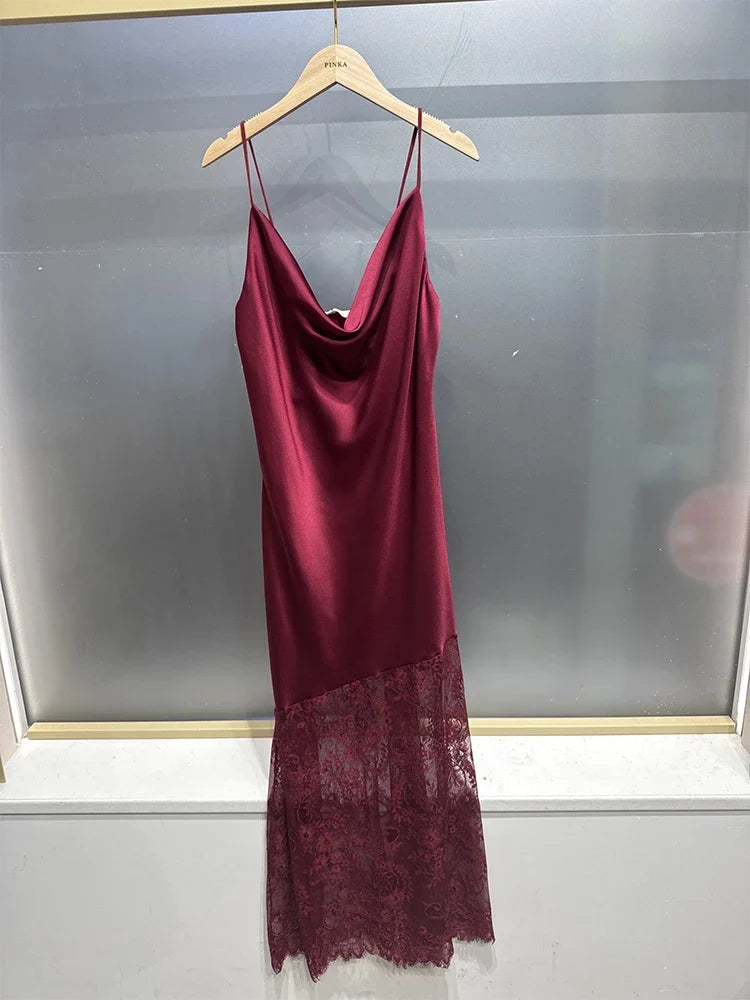 Trendix Hollow Out Lace Dress Women 2025 Winter Sexy V Neck Sleeveless Spaghetti Strap Dresses Party Club Elegant Evening Dress