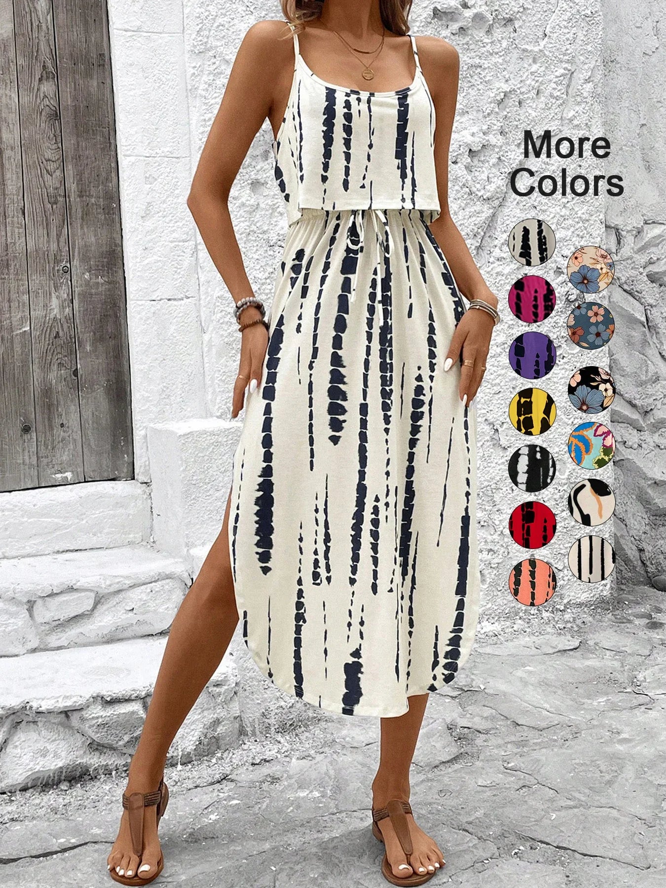 Women's Summer Spaghetti Strap Dress with Belt & Side Slit - Casual Sleeveless Flowy Dress