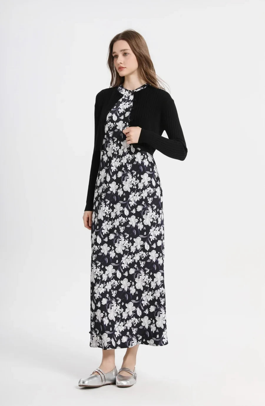 2025 spring summer elegance satin dress + knitted top match set maxi floor length woman clothes