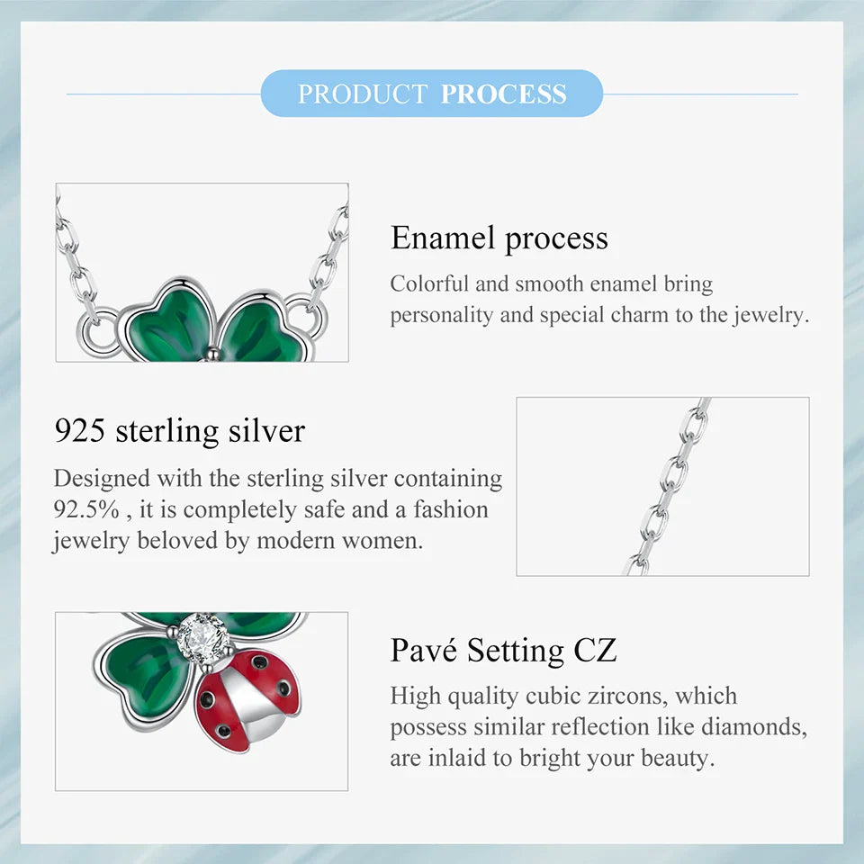 925 Sterling Silver Four-leaf Clover Ladybug Necklace for Women - Lucky Jewelry Gifts Fashion Birthday Graduation Gift