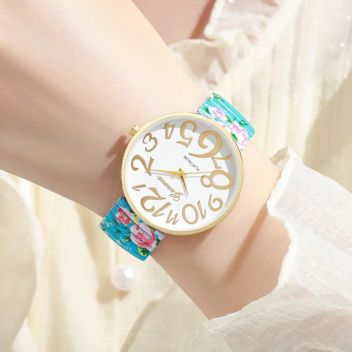 1/2/3/4PCS Fashion Flowers Printed Women Watch Luxury Elastic Strap Arabic Quartz Watches Reloj Mujer Girls Clock（Without Box）