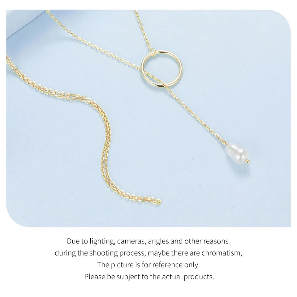 925 Sterling Silver Long Necklace, Gold Plated Y Lariat Long Chain Pearl Drop Necklace Gift for Her BSN427, 23.6"