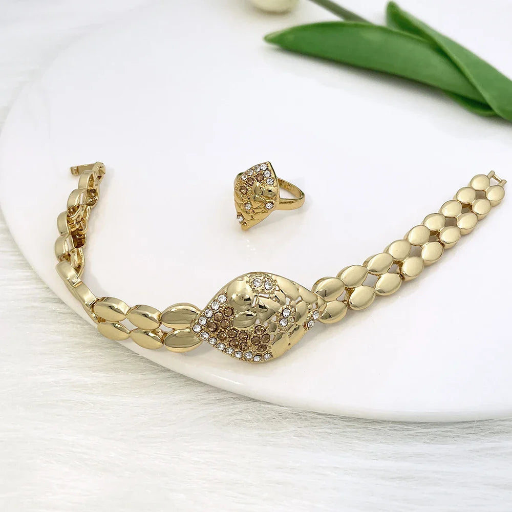 Quality Women Jewelry Sets Luxury Design Dubai Trending Gold Color Necklace Earrings Ring Bracelet Wedding Party Gift