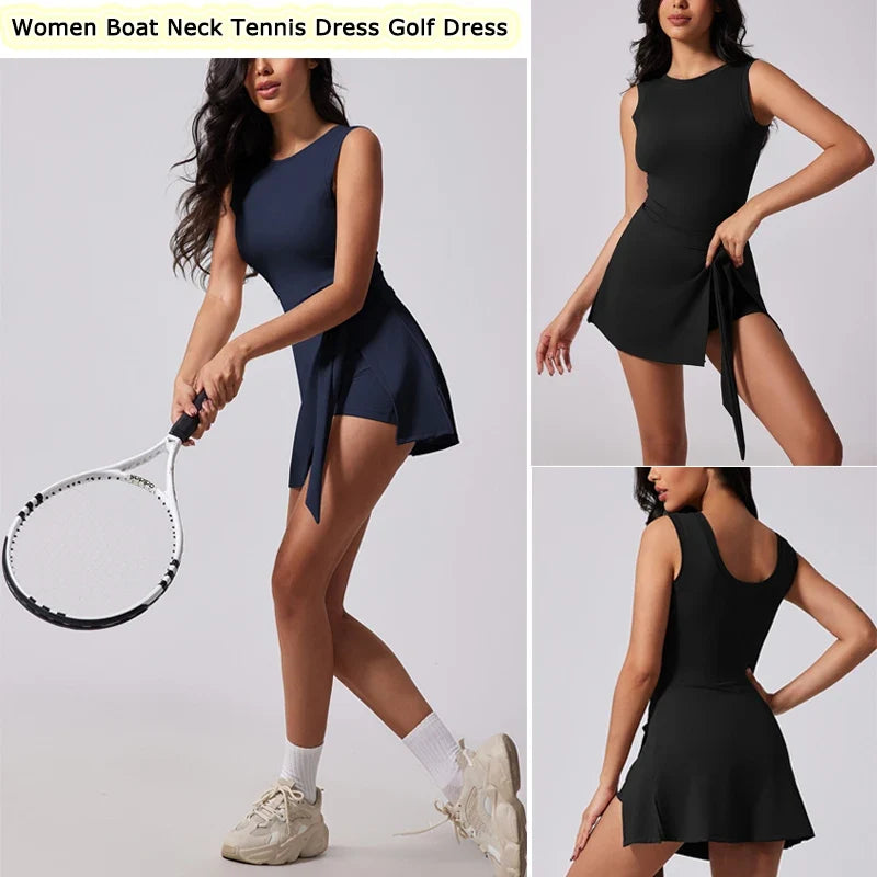 Boat Neck Tennis Dress Golf Dress for Women with Buit-in Short Sleeveless Backless Sarong Wrap Active Dress Workout Romper Dress