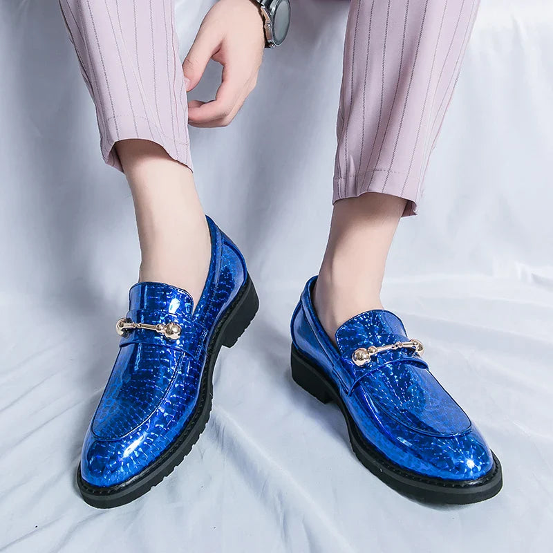 Men's Glossy Leather Shoes European American Luxury Blue High-end Banquet Loafers Commuting Party Dress Formal Shoes Size：38-46