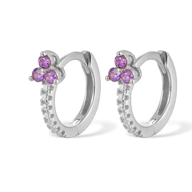 925 Sterling Silver Romantic Color Zircon Three-petal Flower Stud Earrings for Women Fashion Huggies Piercing Jewelry