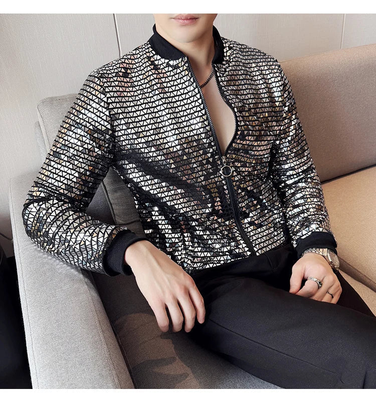 Men's Fashionable and Personalized Silver Sequin Jacket Summer New Ball Performance Suit Jacket Hip-hop Fashion Street Wear