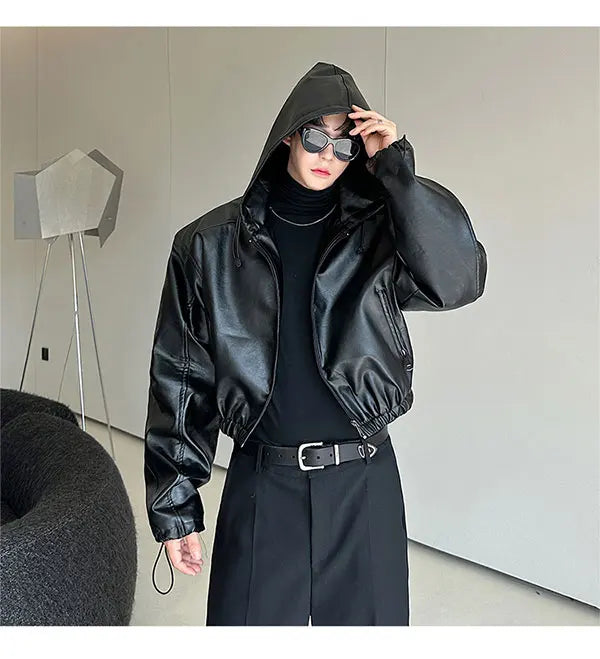 Spring Autumn Short Waterproof Black Pu Leather Jacket Men Hood Zipper High Waist Loose Casual Korean Fashion 2025