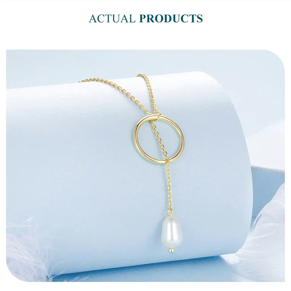925 Sterling Silver Long Necklace, Gold Plated Y Lariat Long Chain Pearl Drop Necklace Gift for Her BSN427, 23.6"