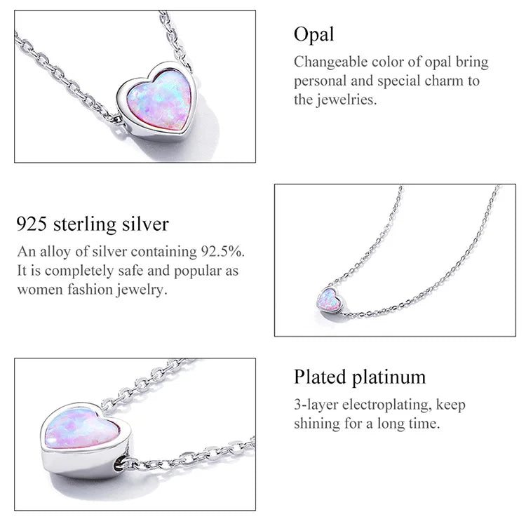 Genuine 925 Sterling Silver Opal Heart Pendant Necklace for Women Fine Jewelry Anniversary Gift