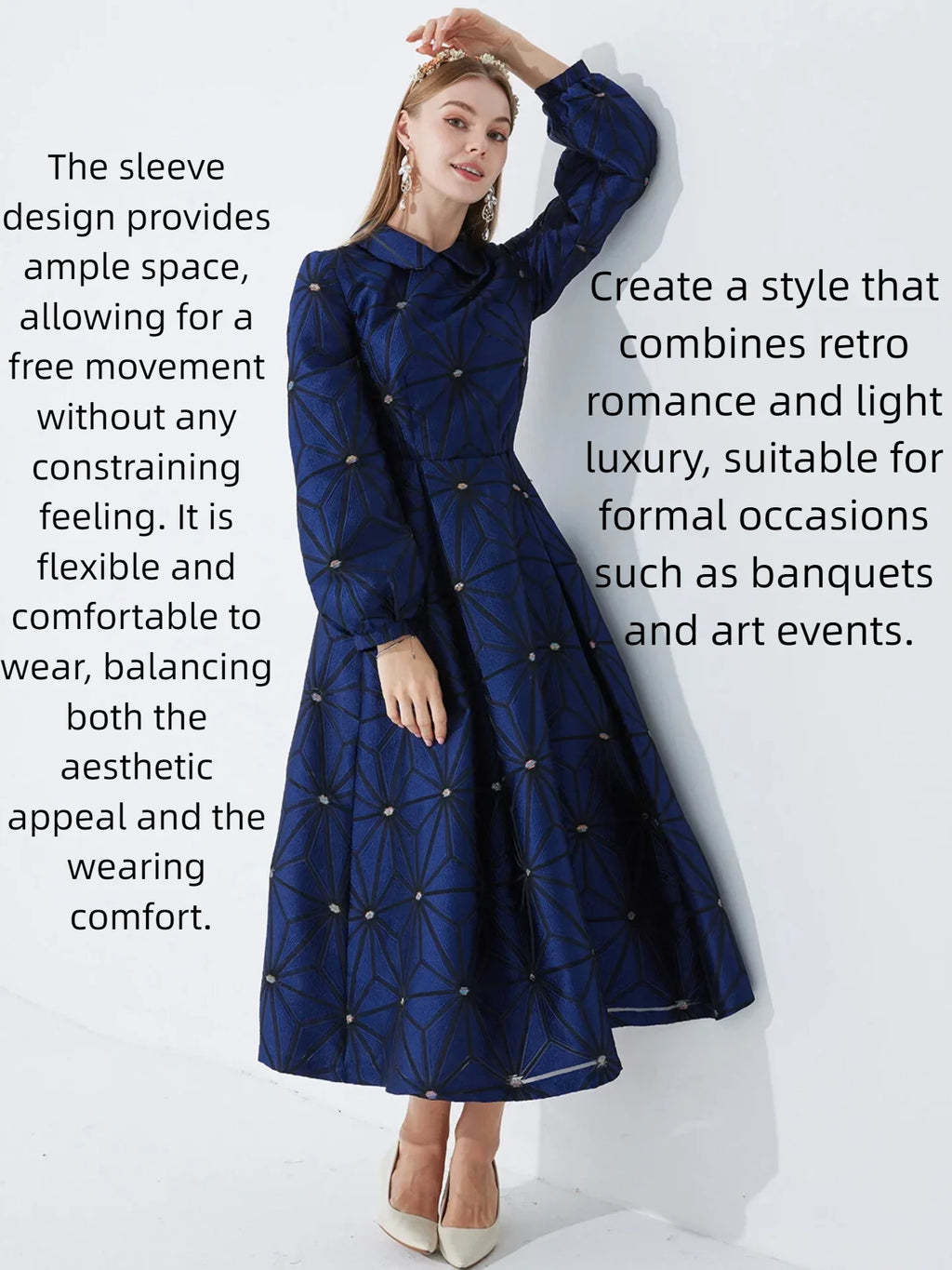 Fall/Winter Turned Collar Lined Sleeve A-Line Silhouette Geometric Heavyweight Jacquard Elegant and Graceful Long Dress