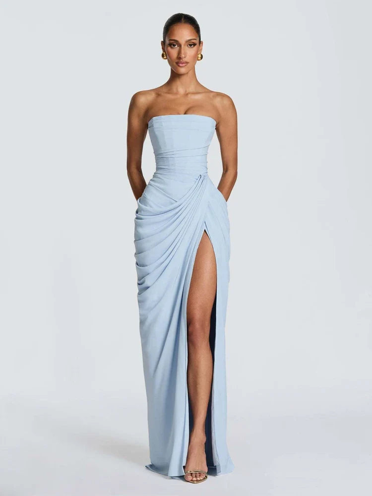 Elegant Solid Pleated Strapless Maxi Dress Yellow Off-shoulder Backless High Waist Split Robe 2026 New Lady Evening Party Gown
