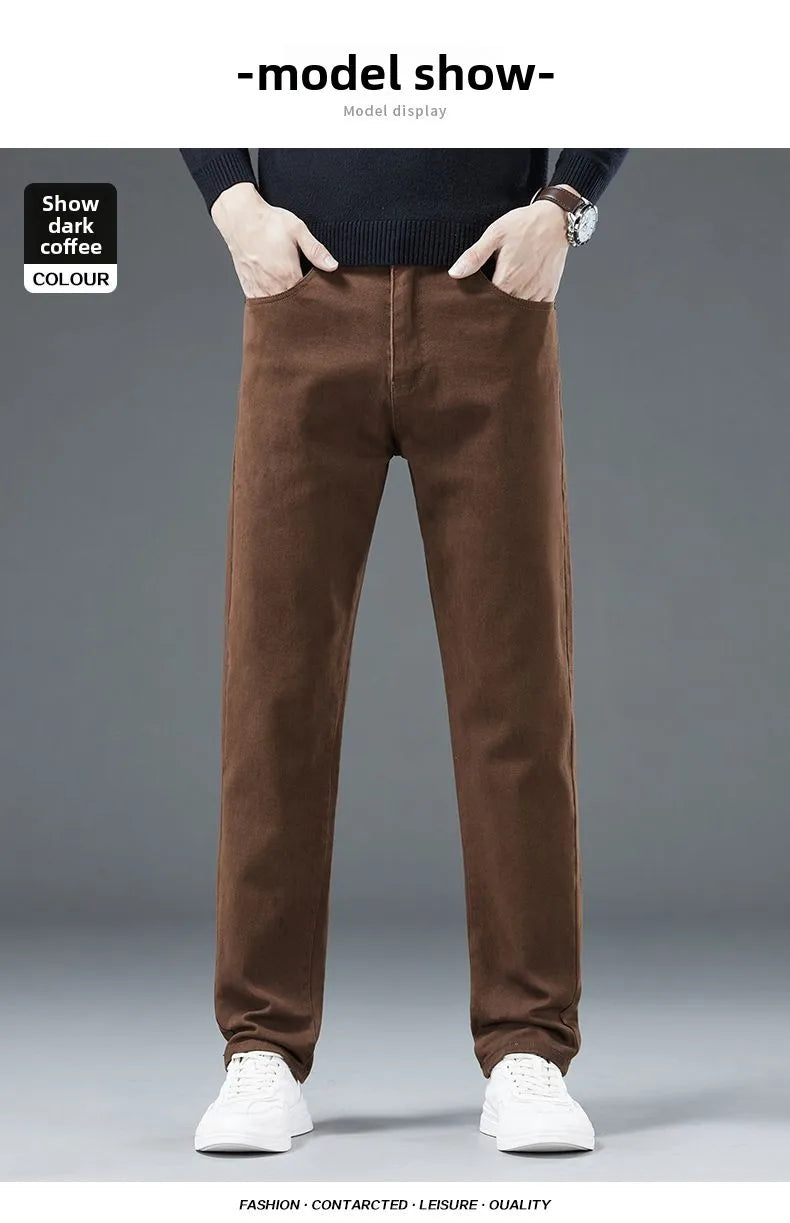 2026 Autumn Winter New Trendy Classic Jeans Male Solid Color Washed Straight Denim Pants Wide Leg Business Casual Stretchy Jeans