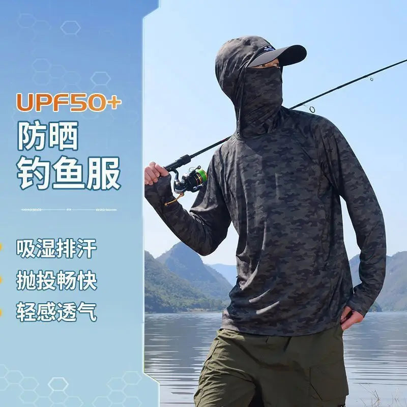 Ultra-thin Tshirts Summer Trendy Prints Lightweight UPF Sun Hoodie with Face Mask Shirt Long Sleeve Breathable UV Fishing Shirt