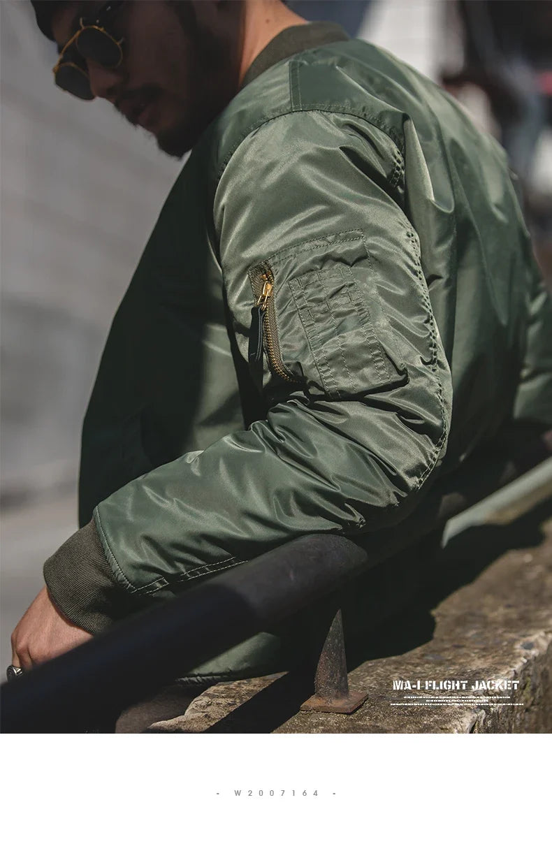 Vintage MA1 Pilot Jacket Green Thickened Cotton-padded Jacket Casual Baseball Pockets Flight Zipper Outwear for Men's Fall