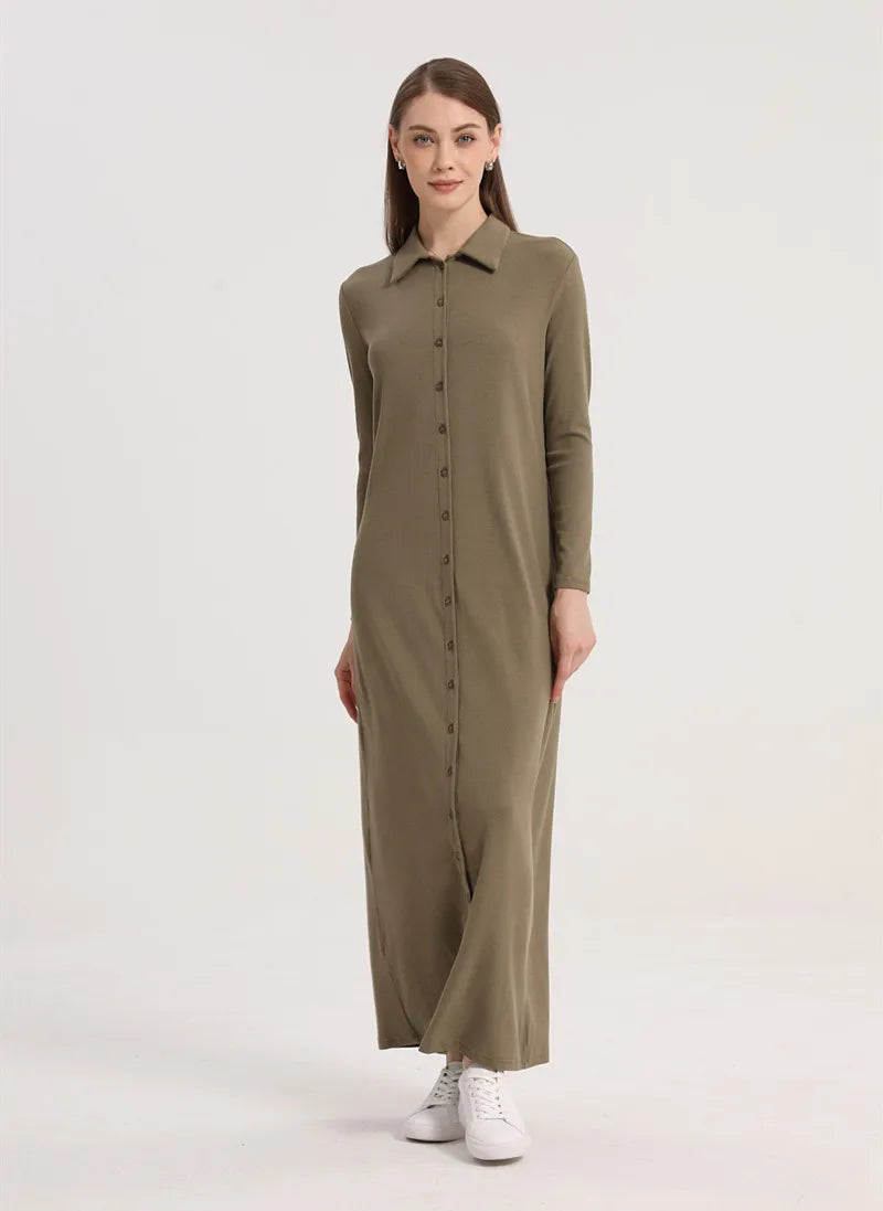 2024 maxi dress button design woman clothes full sleeve Ankle Length comfortable ribbing clothing  ( Ship out in 1 day)