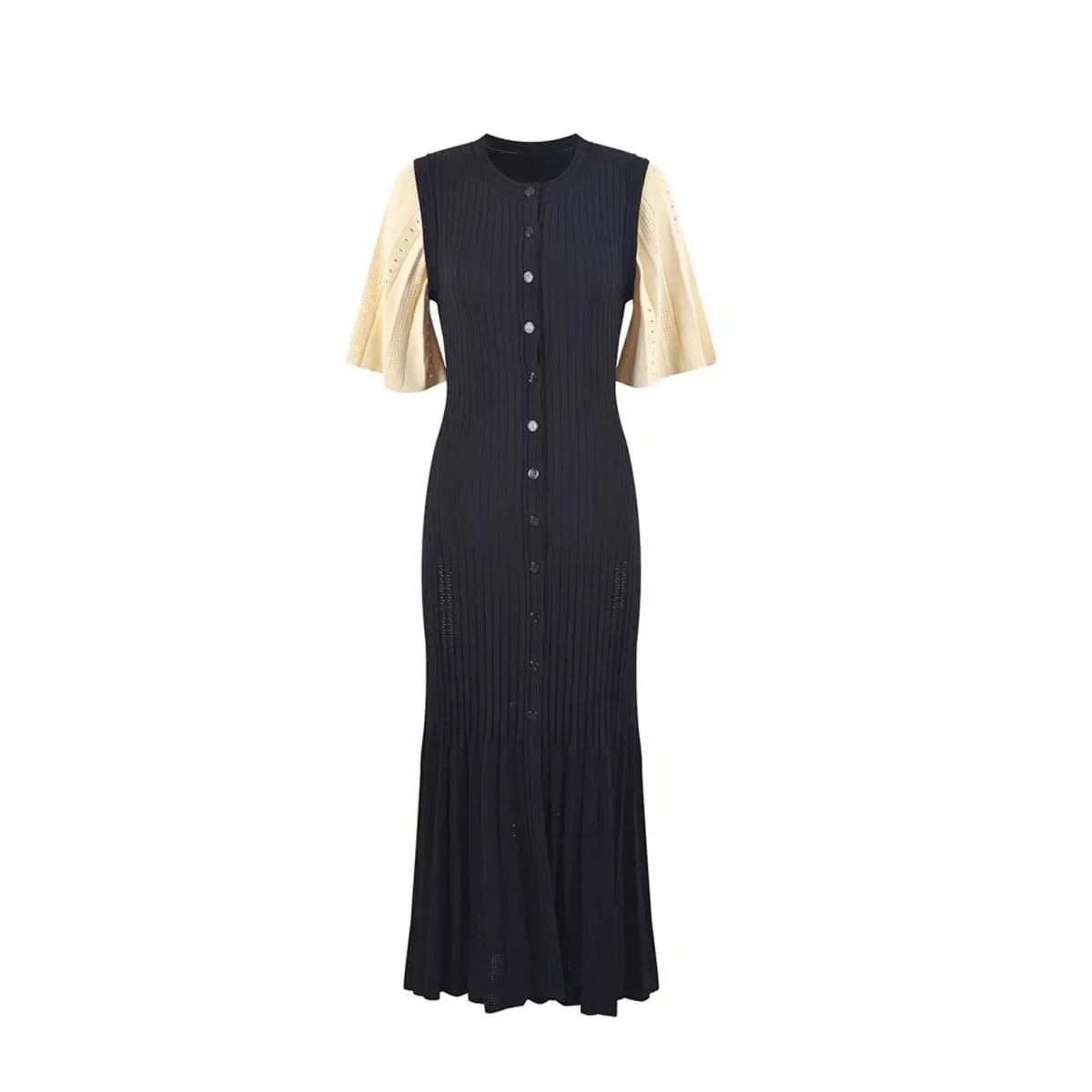 Summer-style fashionable openwork French slimming A-line short-sleeved knitted dress, fishtail long dress for women