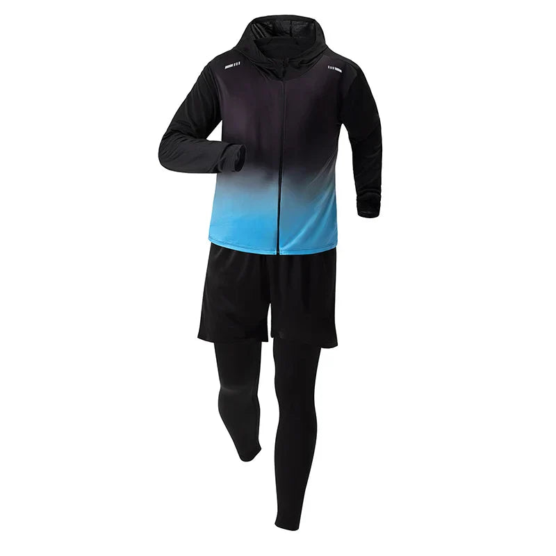 5-Piece Men's Quick-drying Sports Suit Fitness Running Tight Elastic Trousers With Cap Gradient Coat Round Neck Casual T-shirt
