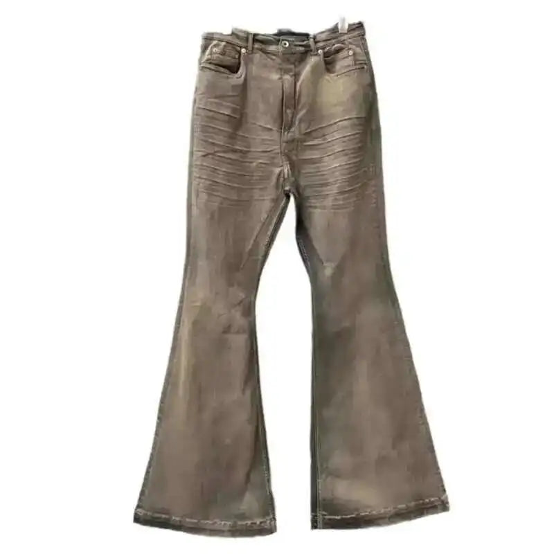 PFNW Wrinkled Design Vintage Male Jeans High Street Full Length Washed Wide Leg Pants Trendy Boot Cut Men's Trousers New 28W4545