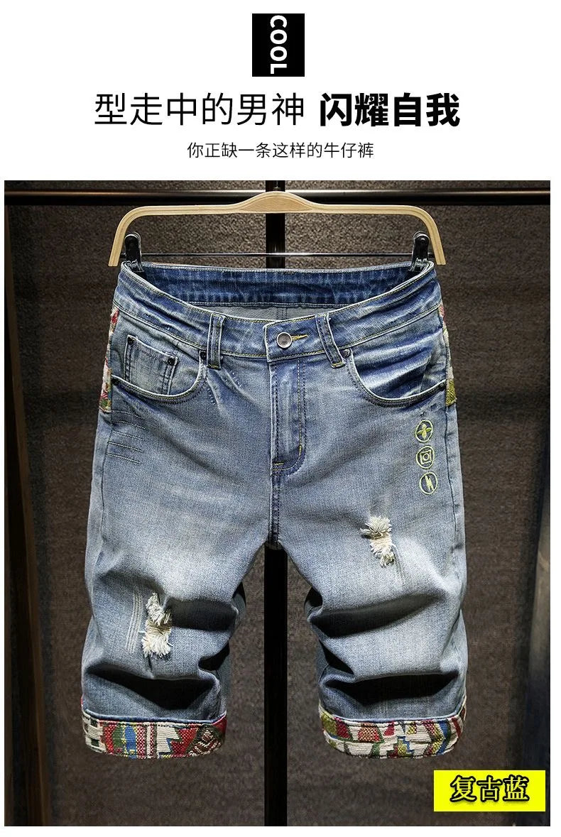 New Summer Fashion Trend Ripped Straight Tube Printed Denim Shorts Men's Casual Loose Comfortable Sports High Quality Pants