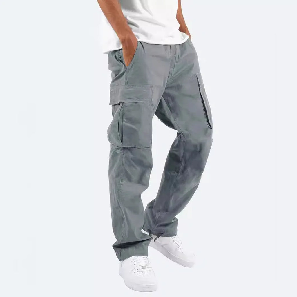 Cargo Pockets Casual Male High Elastic Waist Pocket Wide Leg Trousers