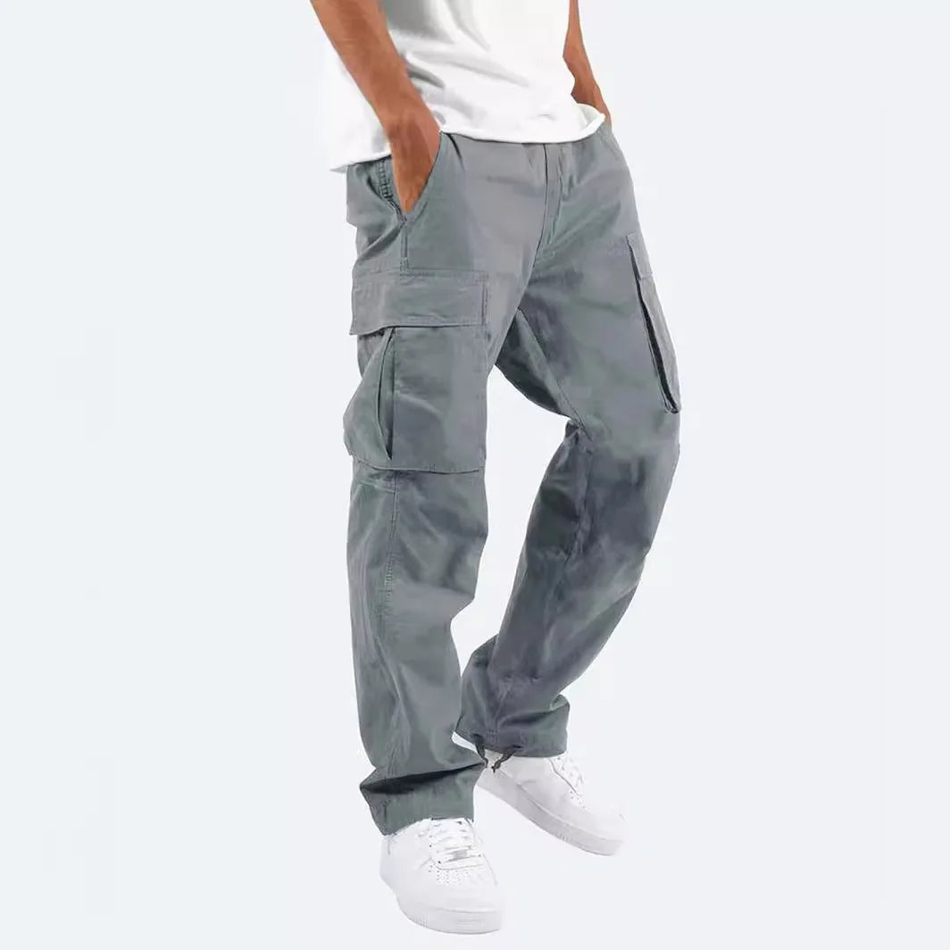 Cargo Pockets Casual Male High Elastic Waist Pocket Wide Leg Trousers