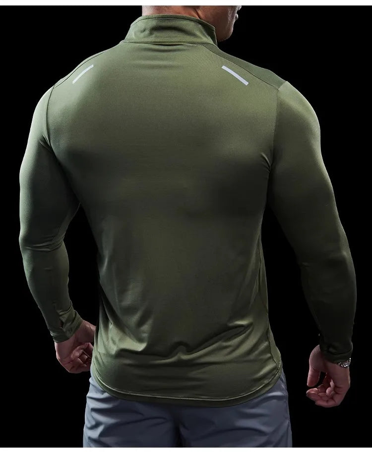 Men Stand Collar Zipper T-shirt Gym Running Training Fitness Bodybuilding Sport Top Quality Elastic Long Sleeve Tight Tops Tees