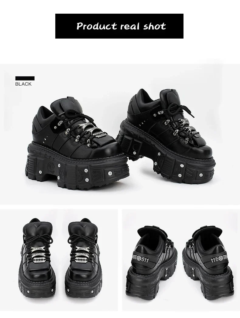 2026 New Punk Style Women Shoes Lace-up Heel Height 6CM Platform Shoes Woman Gothic Ankle Rock Boots Metal Decor Woman Sneakers