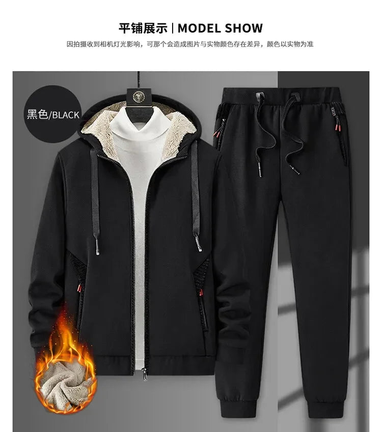 Men's Sets Jacket + pant Warm Fur Winter Sweatshirt Cashmere Tracksuit Men's Sets Fleece Thick Hooded Brand Casual Track Suits