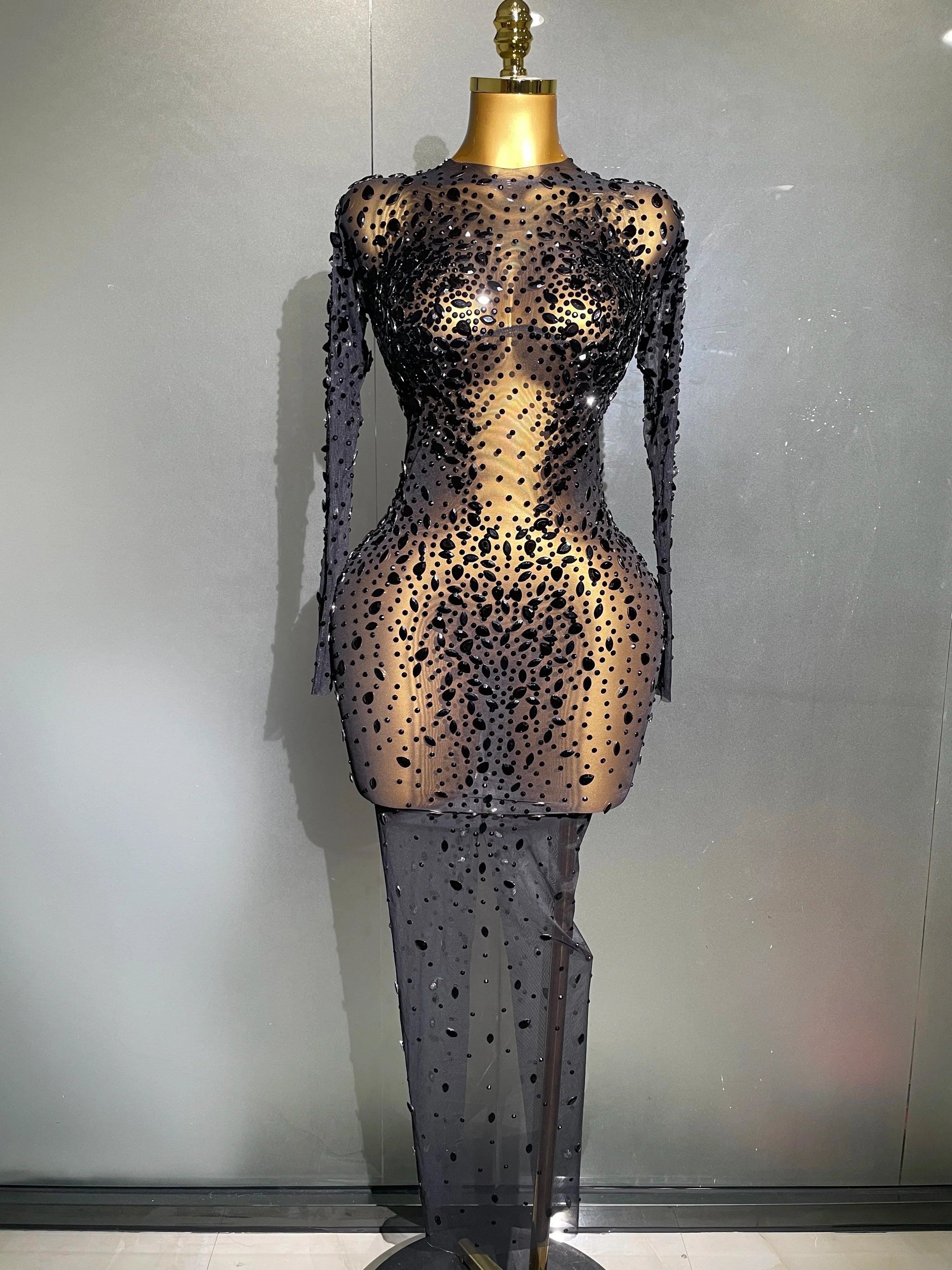 Sexy Shinny Rhinestone Stretch Mesh Transparent Long Dress 2025New Women Evening Birthday Party Prom Nightclub Singer Stage Wear
