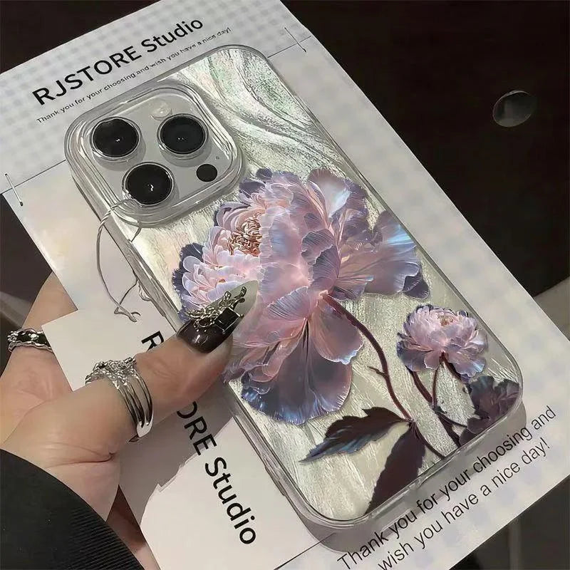 Pink Peony Lotus Print Phone Case for IPhone 16 15 14 13 12 11 17 Air Pro Max 15 Pro 7 8 Plus 16e Shockproof Silver Plated Cover