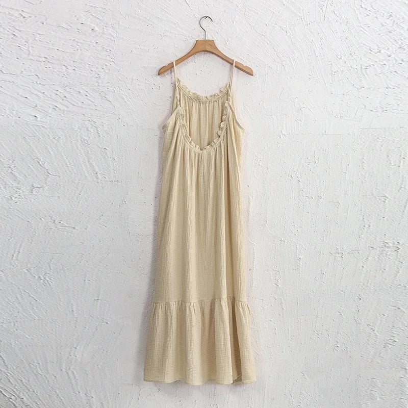 Muslin 100% Cotton Summer Dress Woman 2026 Trendy Sexy Sleeveless Ruched Long Maxi Party Dresses Chic Sundress