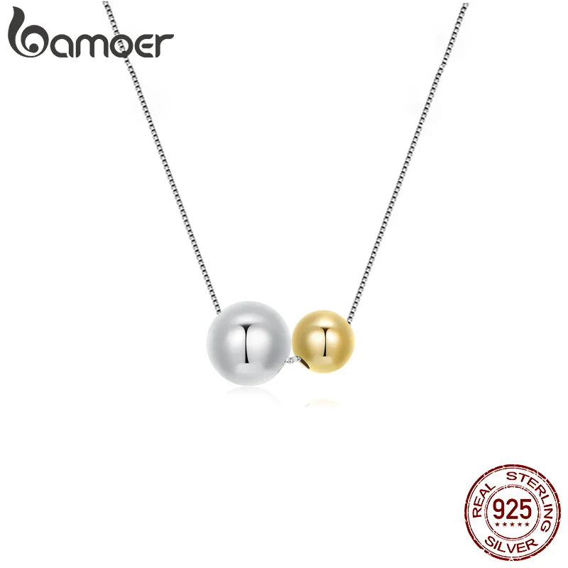 BAMOER 925 Sterling Silver Round Ball Beads Pendant Necklace Fashion Waterproof Metal Daily Gold Plated Trendy Jewelry for Women