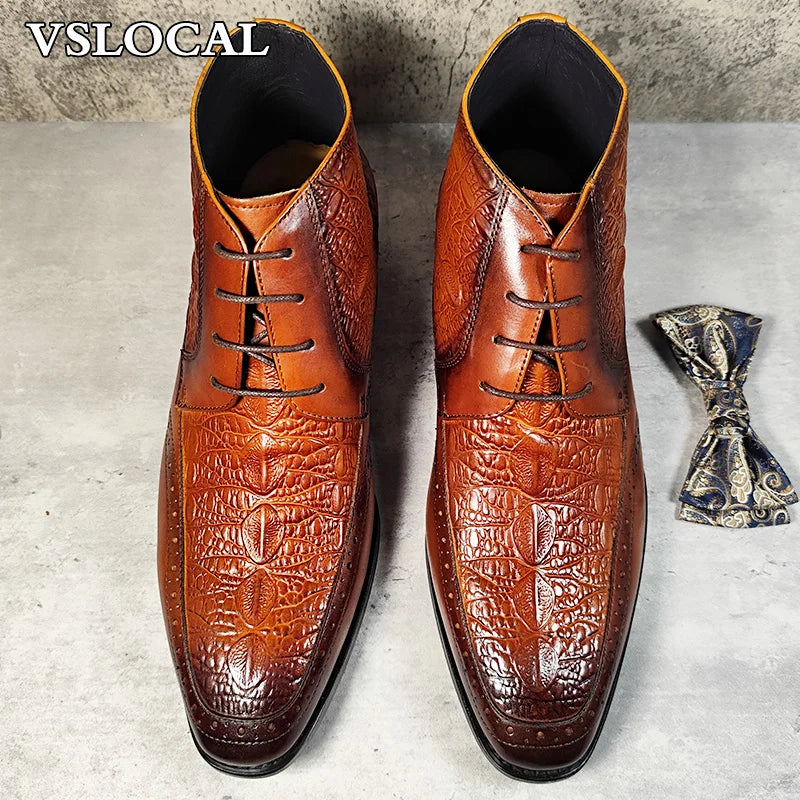 Luxury Brand Men Ankle Boots Shoes Black Brown Crocodile Prints Lace-up Mens Dress Boots Genuine Leather Dress Boots Men